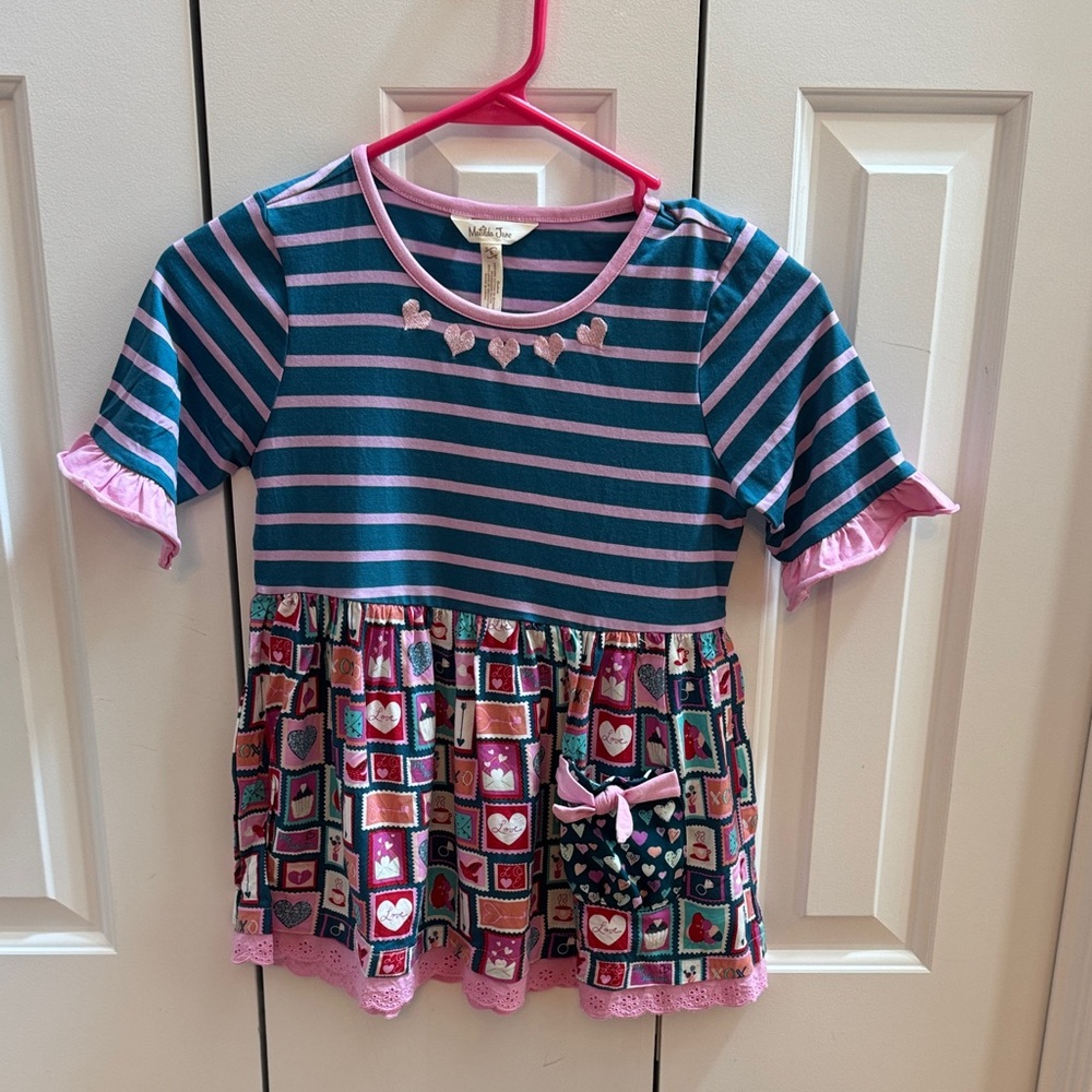 Matilda Jane Blue and Pink Striped Top with Heart Accents Excellent Condition